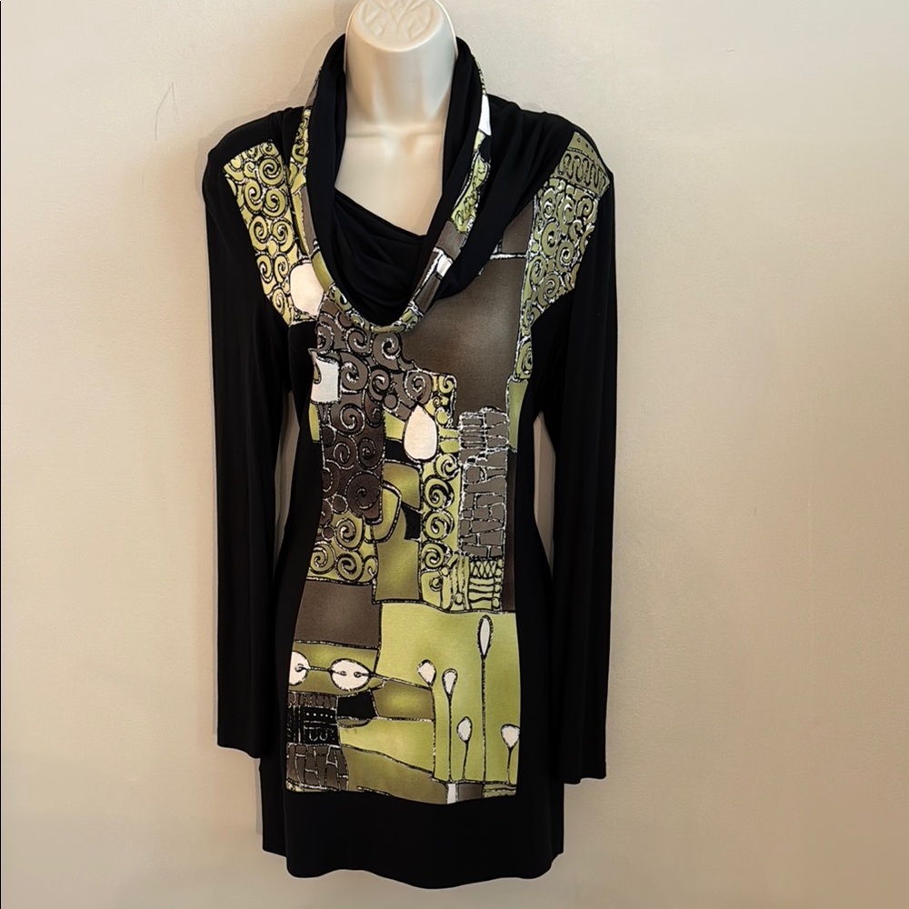 Joseph Ribkoff Black Tunic with Lime Green Silver Geometric Patchwork Print Med